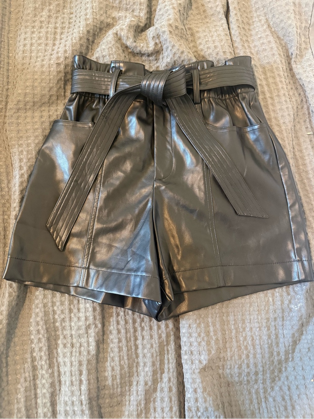 Current Air Black High-Waist Faux Leather Paperbag Shorts with Belt